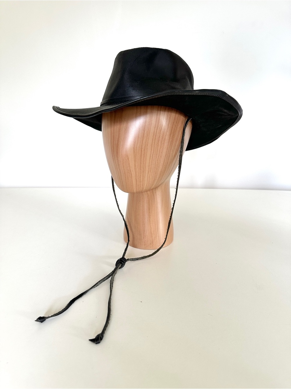 Vintage Black Leather Cowboy Hat with Drawstring Cord by Winfield Cover Co.